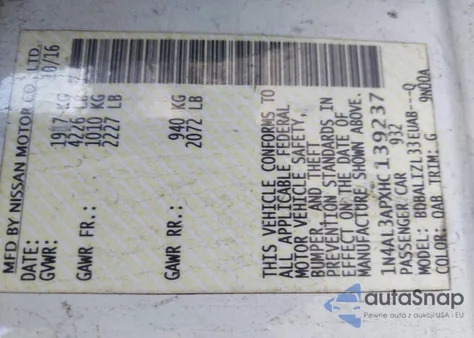 2017 Nissan Altima 2.5 Sv z USA, uszkodzony, nr VIN 1N4AL3APXHC139237